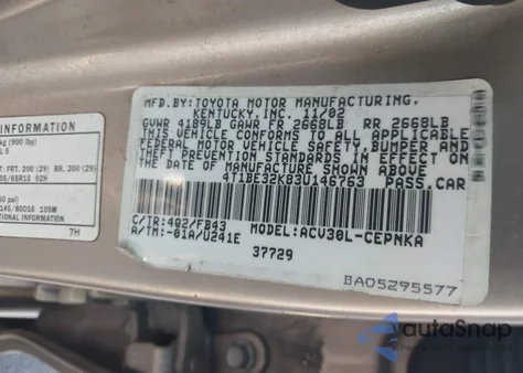 2003 Toyota Camry Le from USA, damaged, VIN 4T1BE32K83U146763